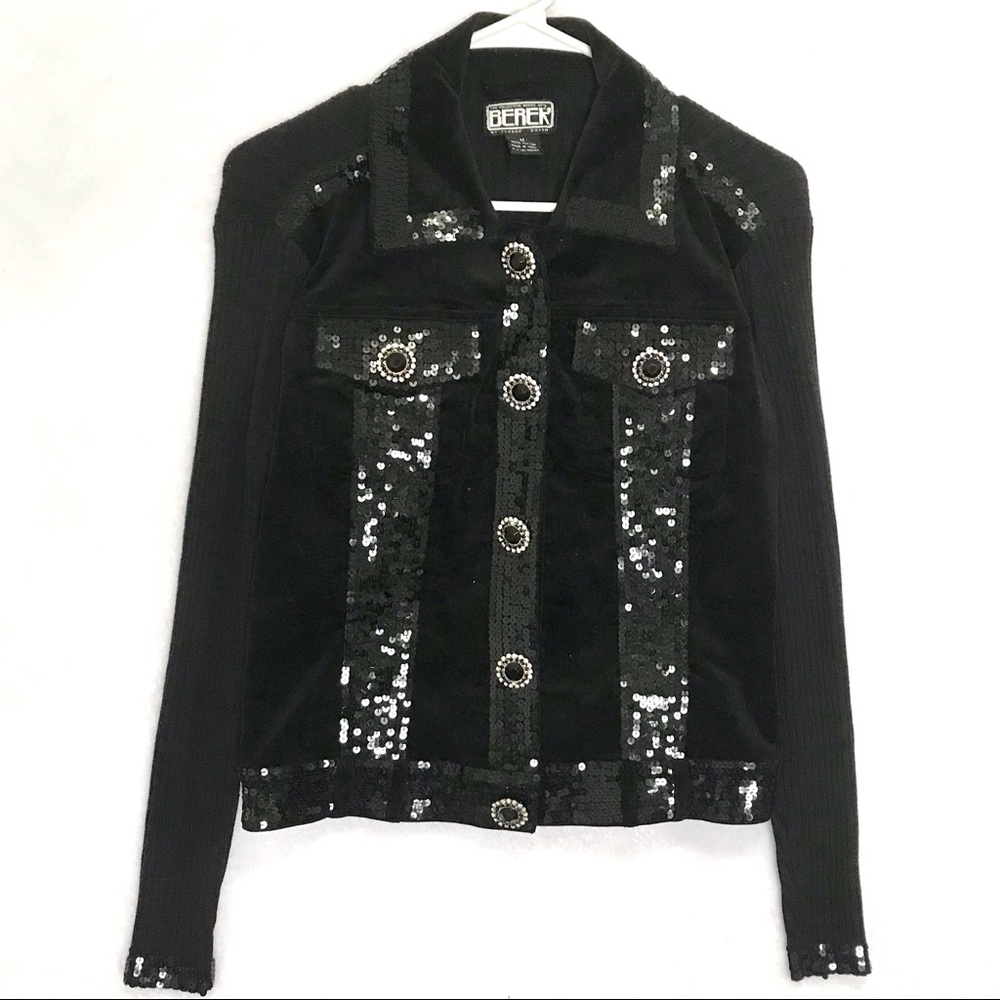 BEREK Black Sequin Jacket Cardigan Medium Rhinestone Sweater Embellished Medium